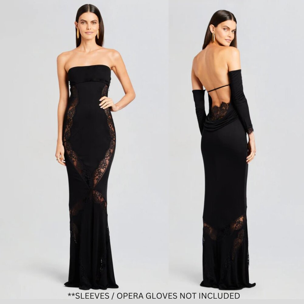 Retrofête Chandler Strapless Long Black Dress Open Back Sheer Lace Size Small